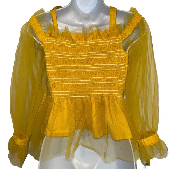 IRIS Bright Lemon Yellow Smocked Cold Shoulder Tulle Puff Sleeve Peplum Top M - Picture 7 of 8